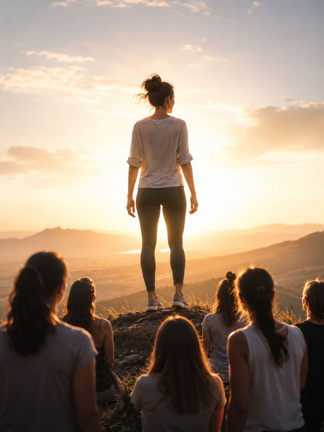 Donna in piedi su una collina al tramonto davanti a un gruppo di persone
